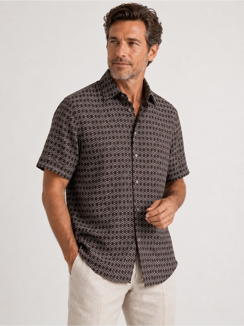 Daniel Hechter Paris Linen Blend Geometric Print Button Down Shirt Men Size L
